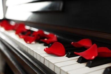 Photo of Many red rose petals on piano keys, closeup. Space for text