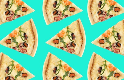 Image of Seafood pizza slices on turquoise background. Pattern design 