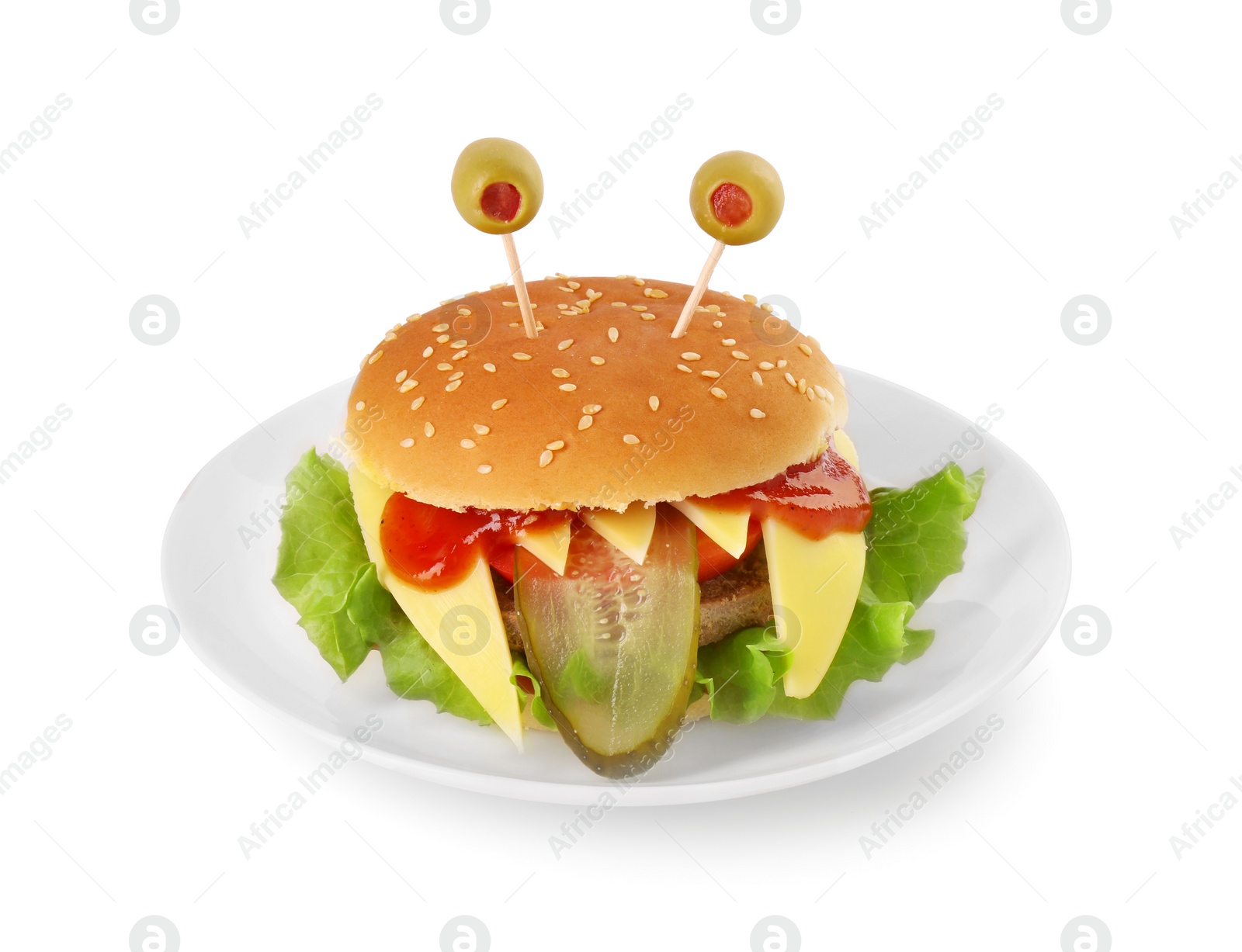 Photo of Cute monster burger isolated on white. Halloween party food