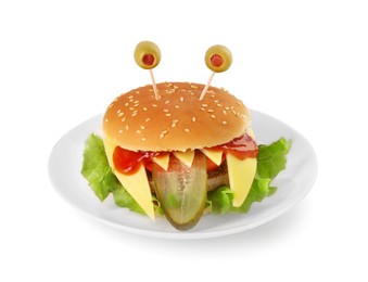 Cute monster burger isolated on white. Halloween party food