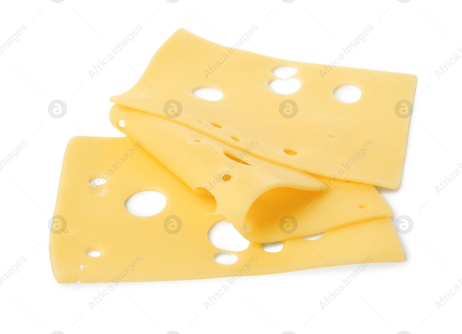 Photo of Slices of tasty fresh cheese isolated on white