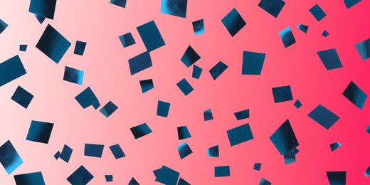 Image of Shiny blue confetti falling on gradient red background. Banner design