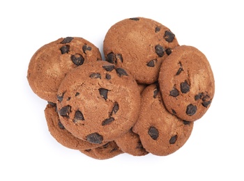 Pile of delicious chocolate chip cookies on white background, top view