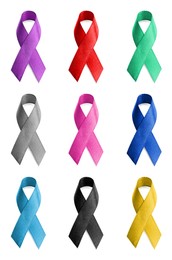 Image of Set with different color ribbons on white background. World Cancer Day