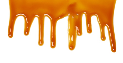 Delicious caramel sauce on white background