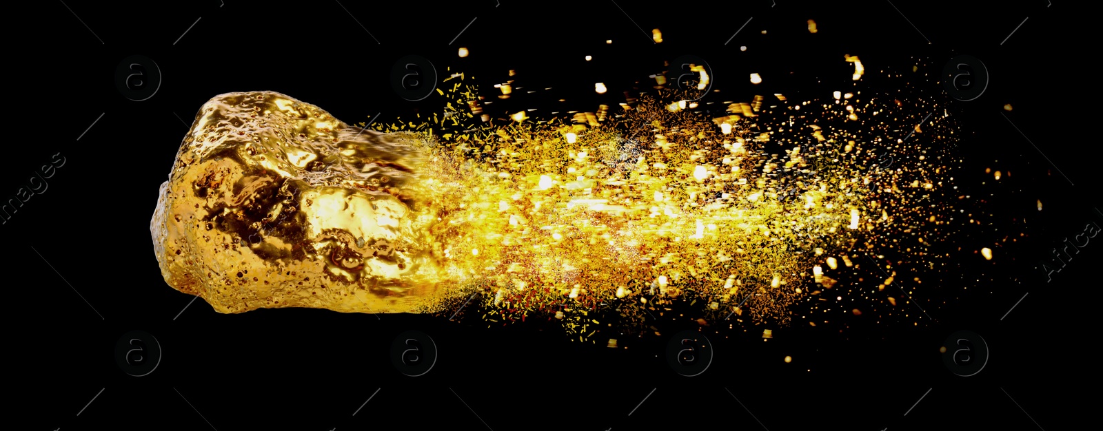 Image of Gold nugget and shiny glitter as comet on black background. Banner design