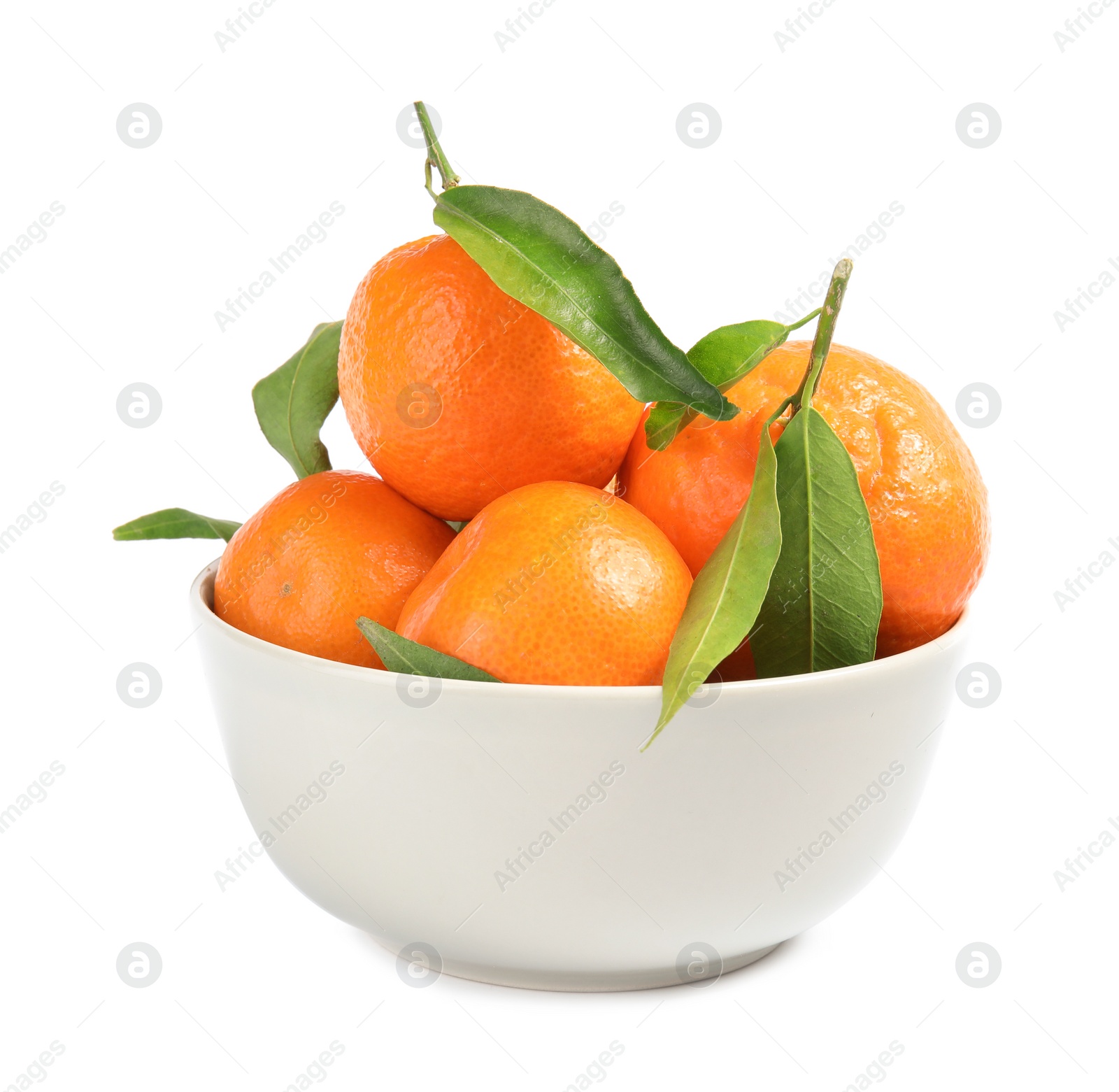 Photo of Bowl with tasty ripe tangerines on white background