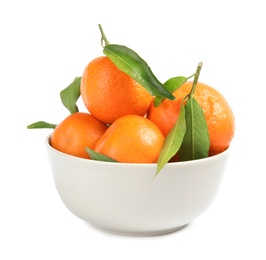 Bowl with tasty ripe tangerines on white background