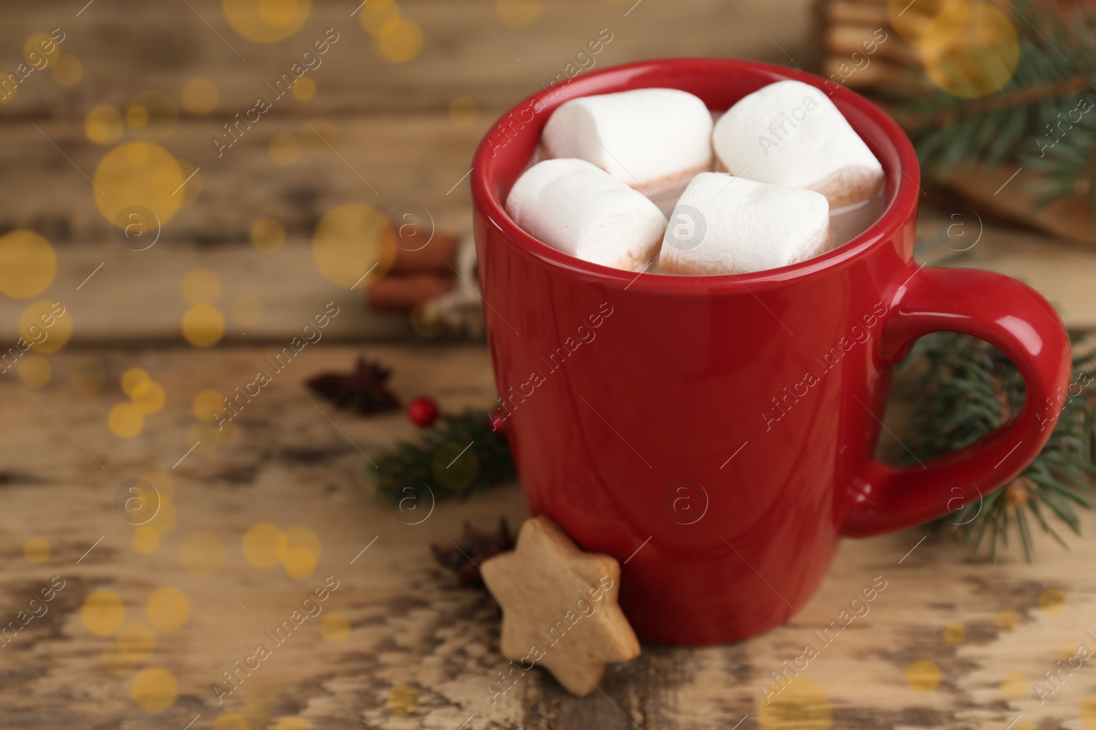 Photo of Composition with delicious marshmallow cocoa on wooden table