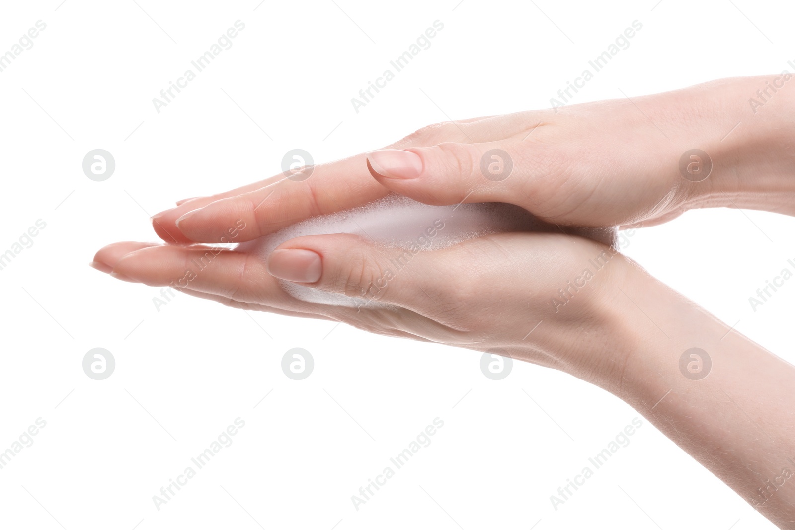 Photo of Woman with bath foam on white background, closeup