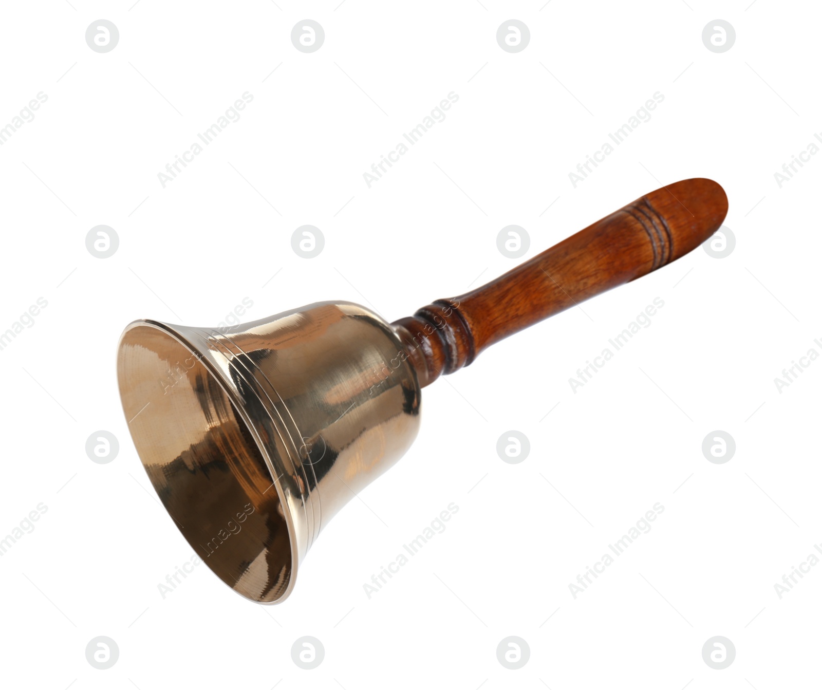 Photo of Golden school bell with wooden handle isolated on white