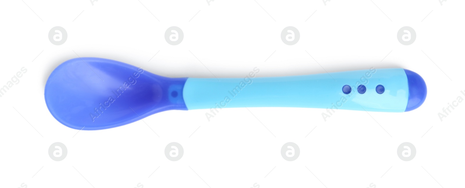Photo of Small plastic spoon isolated on white, top view. Serving baby food