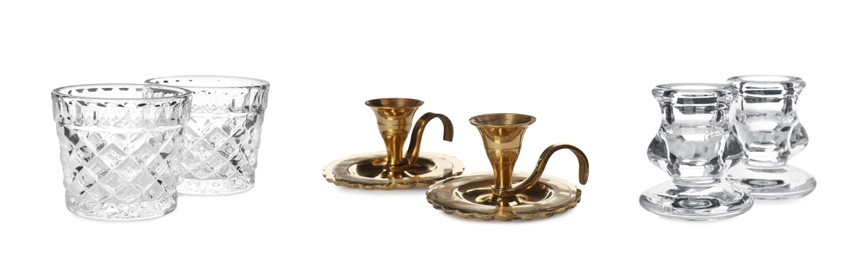 Set with different stylish candlesticks and holders on white background, banner design