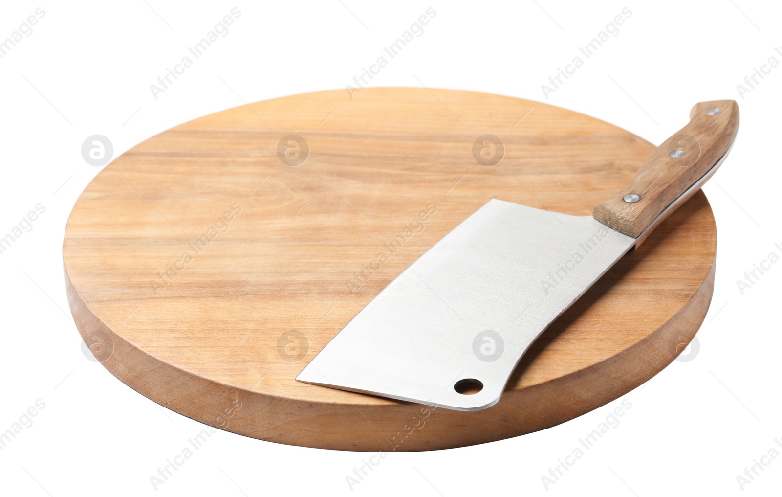 Photo of Cleaver knife and wooden board isolated on white