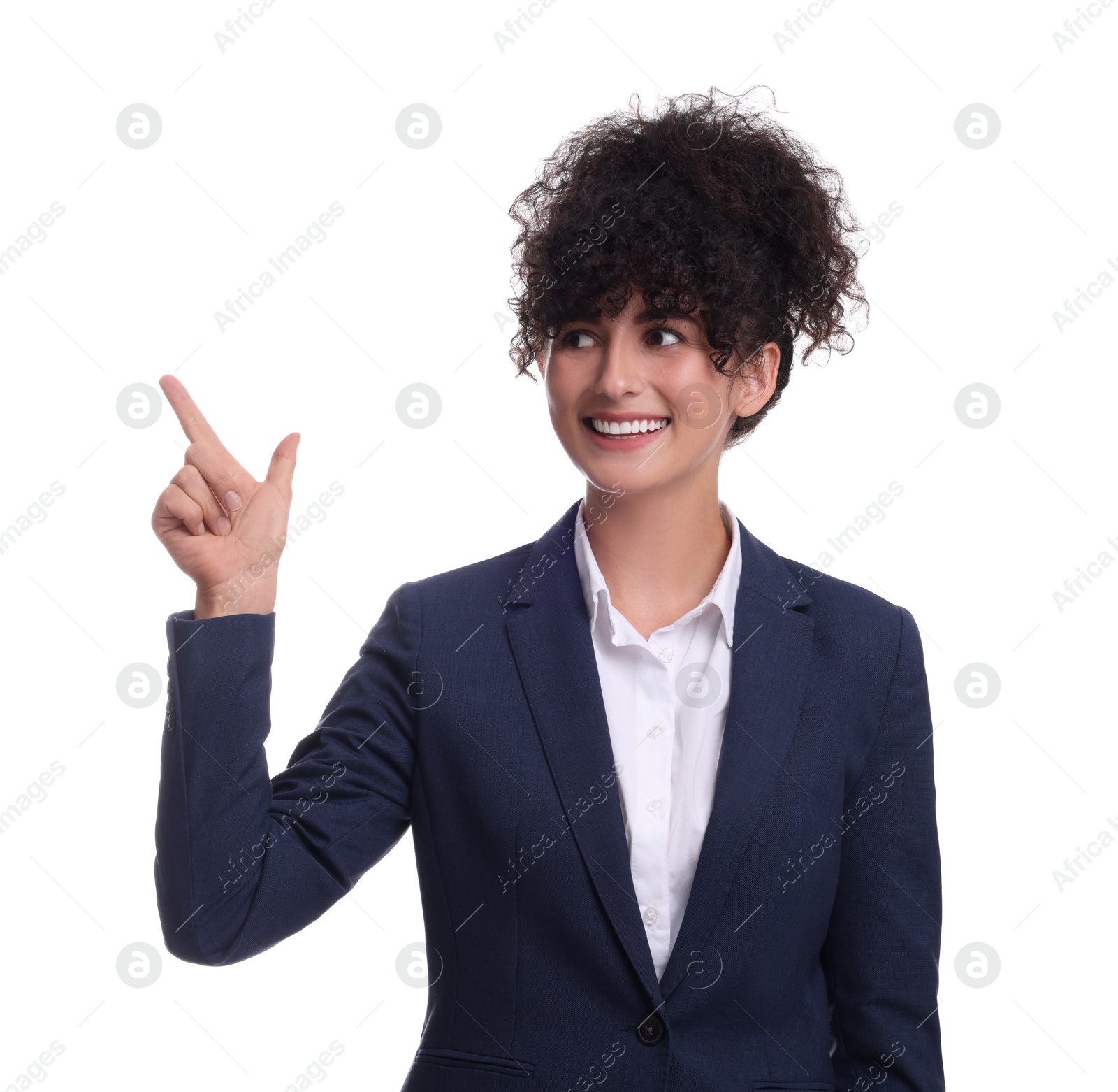 Photo of Beautiful businesswoman in suit pointing at something on white background