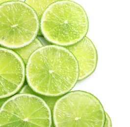 Fresh sliced ripe limes on white background, top view