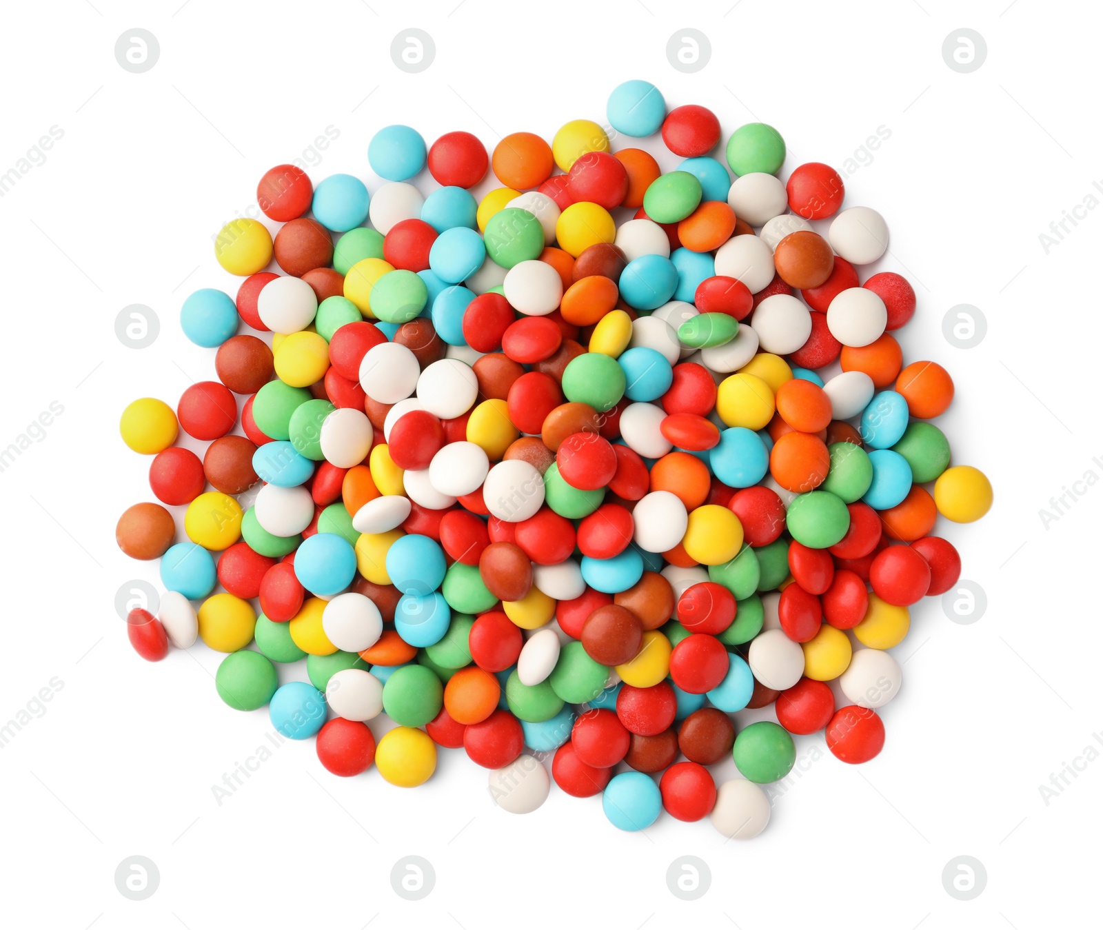 Photo of Many small colorful candies on white background, top view