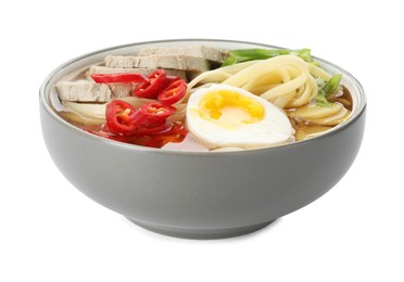 Photo of Delicious ramen in bowl isolated on white. Noodle soup