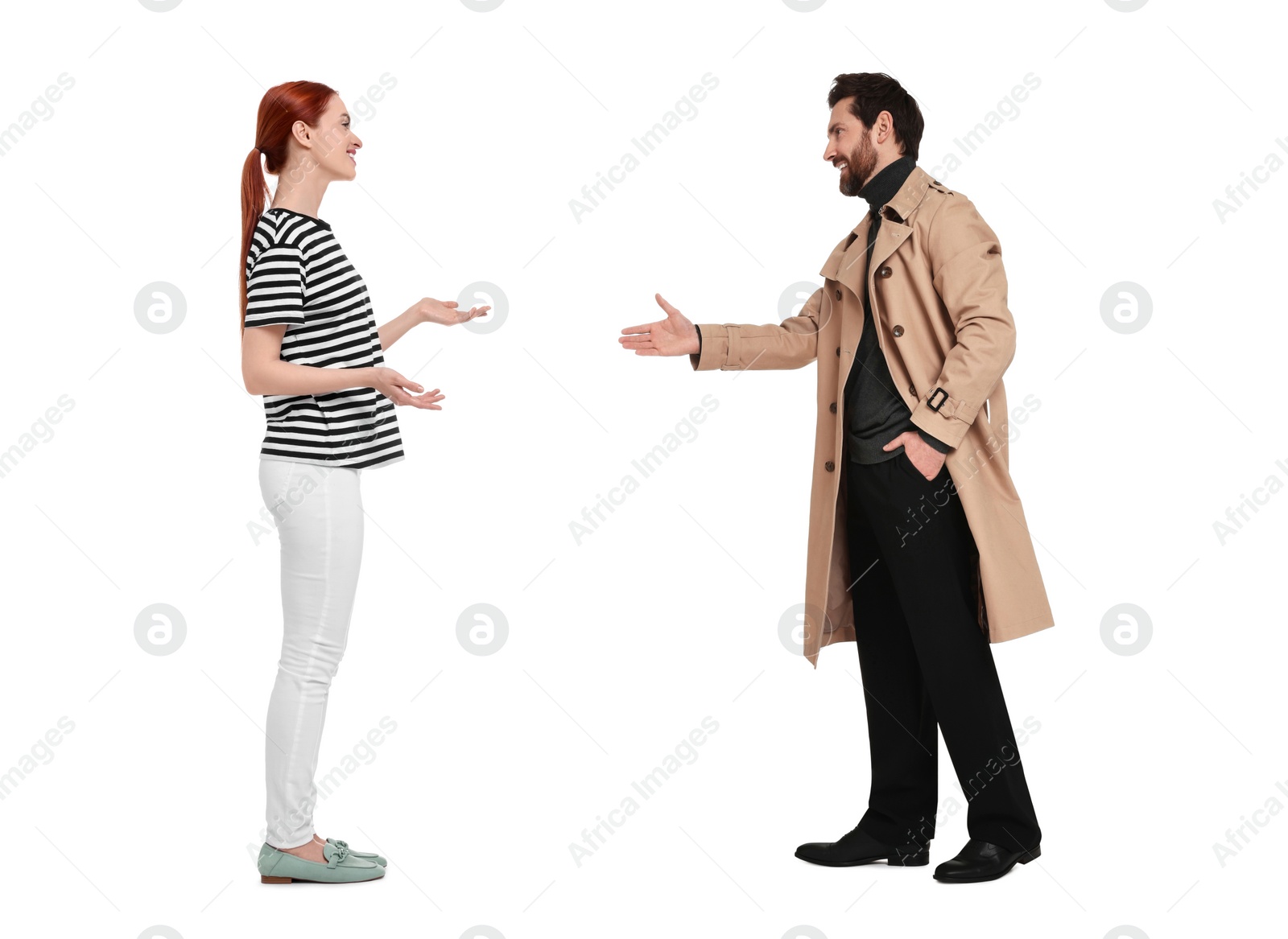 Image of Woman and man talking on white background. Dialogue