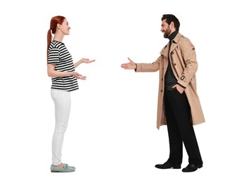 Image of Woman and man talking on white background. Dialogue