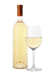 Photo of Bottle and glass of expensive wine on white background
