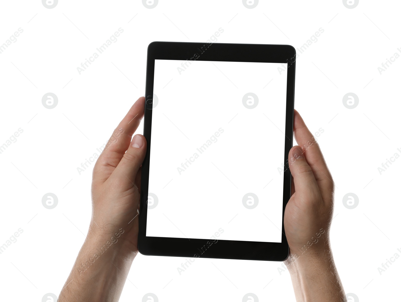 Photo of Man holding tablet computer with blank screen on white background, closeup. Modern gadget