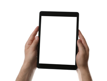 Photo of Man holding tablet computer with blank screen on white background, closeup. Modern gadget