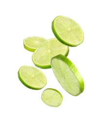 Image of Fresh lime slices falling on white background