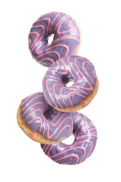 Image of Set of falling delicious donuts on white background