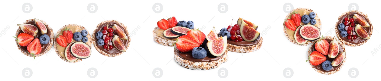 Image of Set of tasty crunchy puffed cakes with different fruits on white background. Banner design