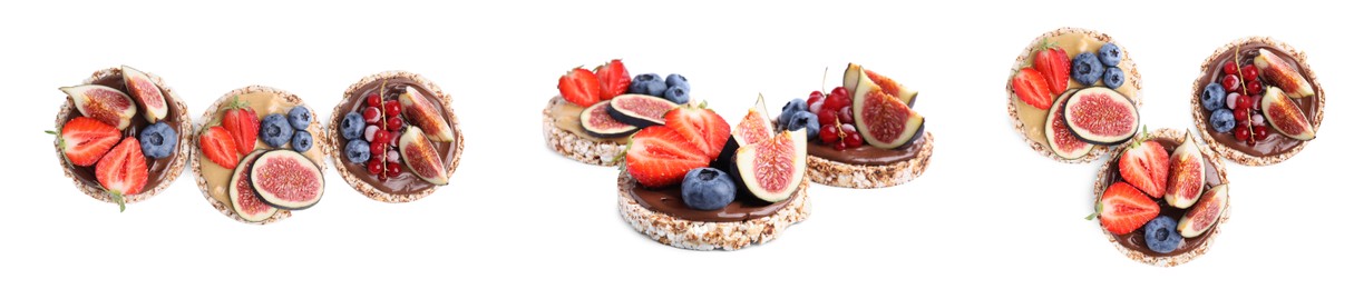 Image of Set of tasty crunchy puffed cakes with different fruits on white background. Banner design