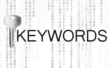 Word Keywords, key and binary code on white background. SEO direction