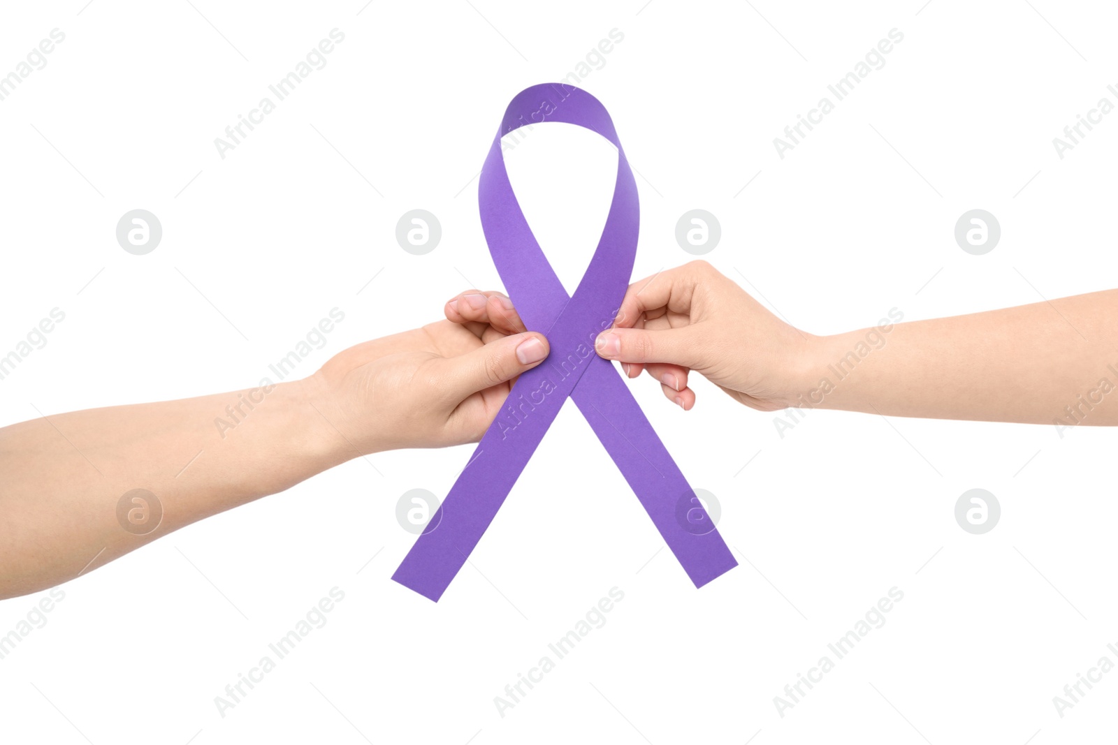 Photo of Man and woman holding purple awareness ribbon isolated on white, top view