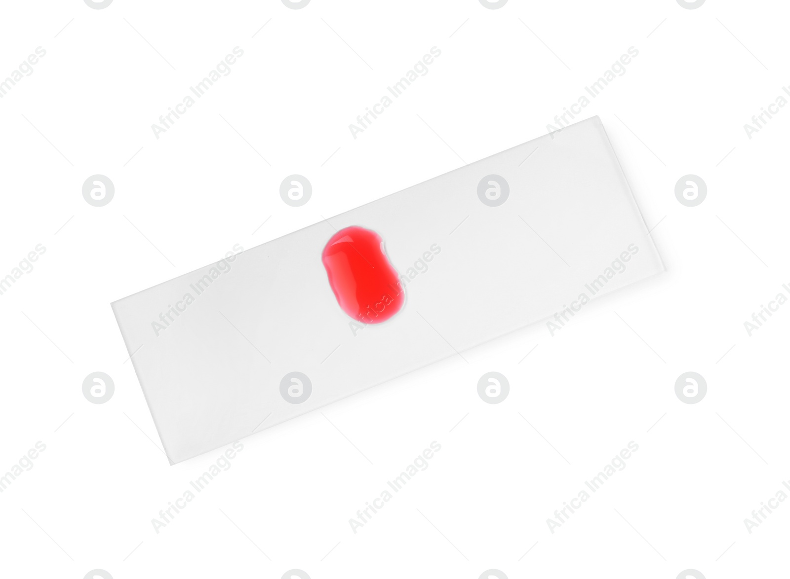 Photo of Microscope slide with sample of red liquid isolated on white, top view