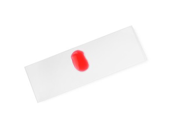 Microscope slide with sample of red liquid isolated on white, top view