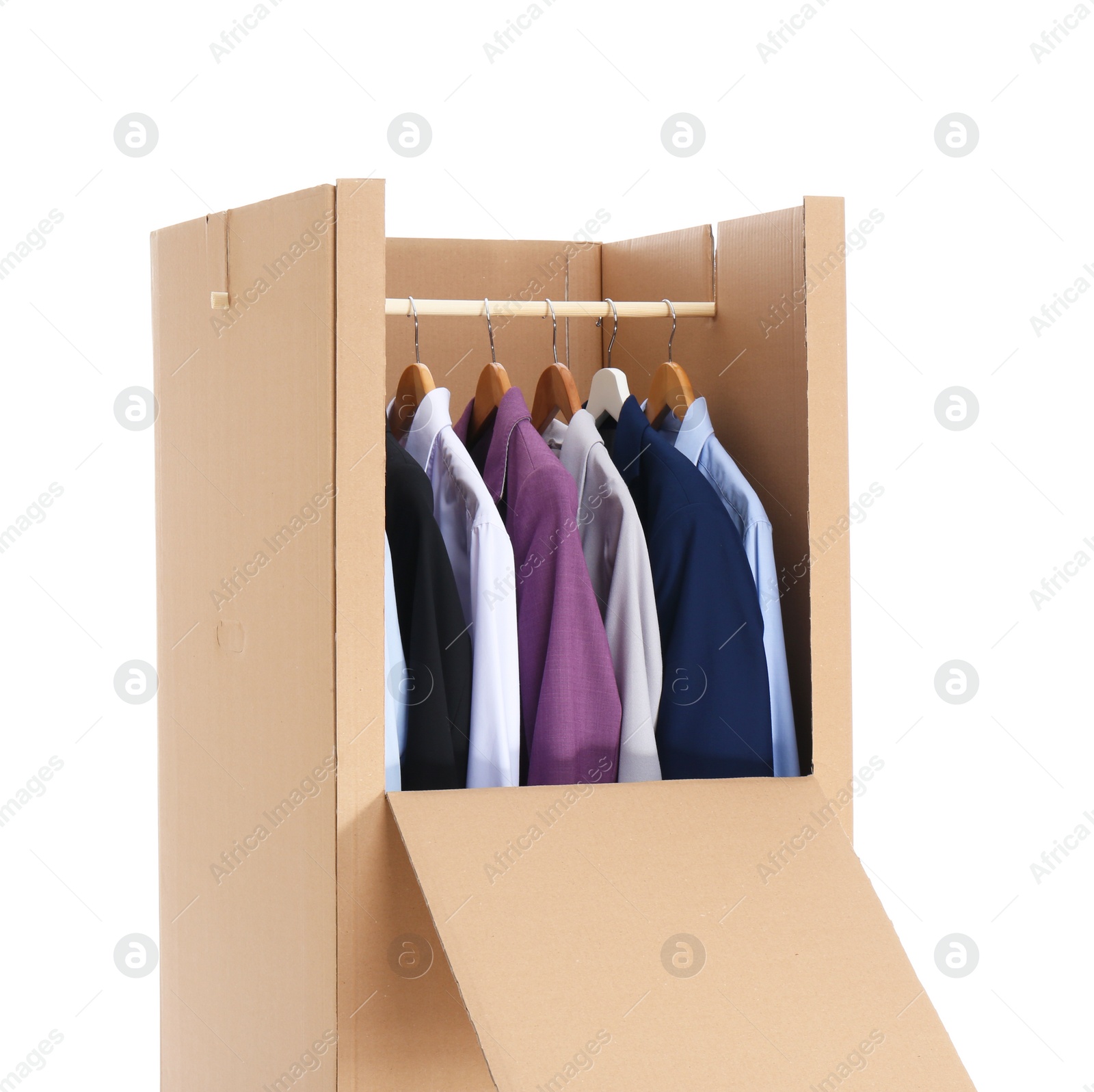 Photo of Wardrobe box with clothes on white background