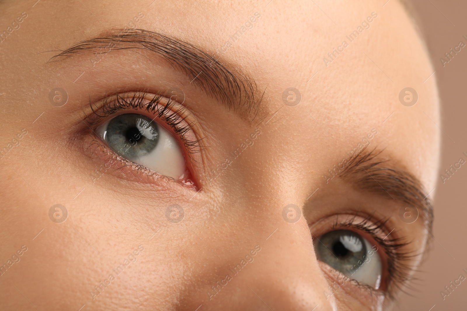 Photo of Woman with beautiful natural eyelashes on light brown background, closeup