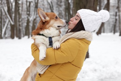 Photo of Woman with adorable Pembroke Welsh Corgi dog in snowy park