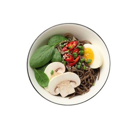 Photo of Tasty buckwheat noodles (soba) with chili pepper, egg, mushrooms and spinach in bowl isolated on white, top view