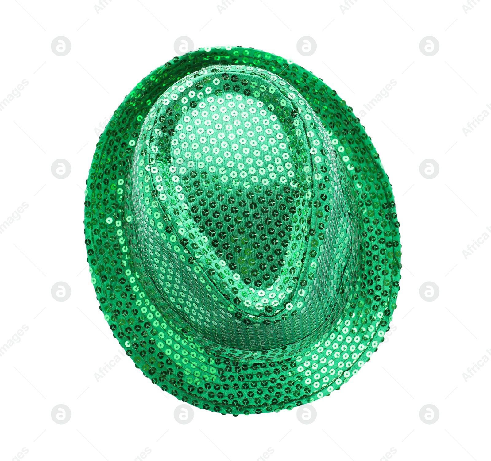 Photo of Green leprechaun hat isolated on white, top view. St. Patrick's Day celebration