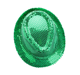 Green leprechaun hat isolated on white, top view. St. Patrick's Day celebration