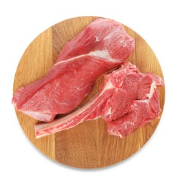 Board with pieces of raw beef meat isolated on white, top view