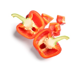 Photo of Cut ripe red bell pepper on white background, top view