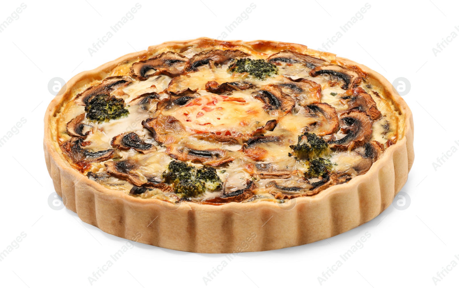 Photo of Delicious quiche with mushrooms isolated on white