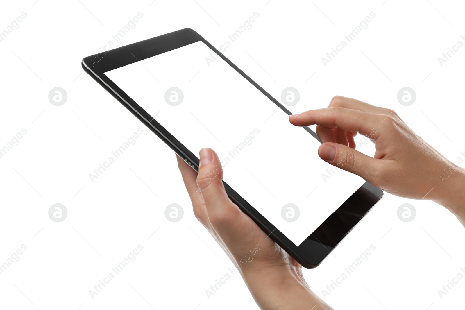 Photo of Woman using tablet computer with blank screen on white background, closeup. Modern gadget