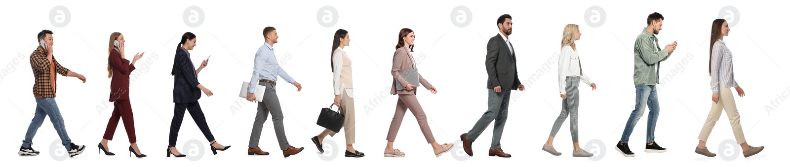 Image of Collage with photos of people wearing stylish outfit walking on white background. Banner design