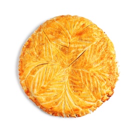 Photo of Traditional galette des rois isolated on white, top view