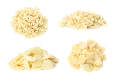 Set of cut garlic on white background