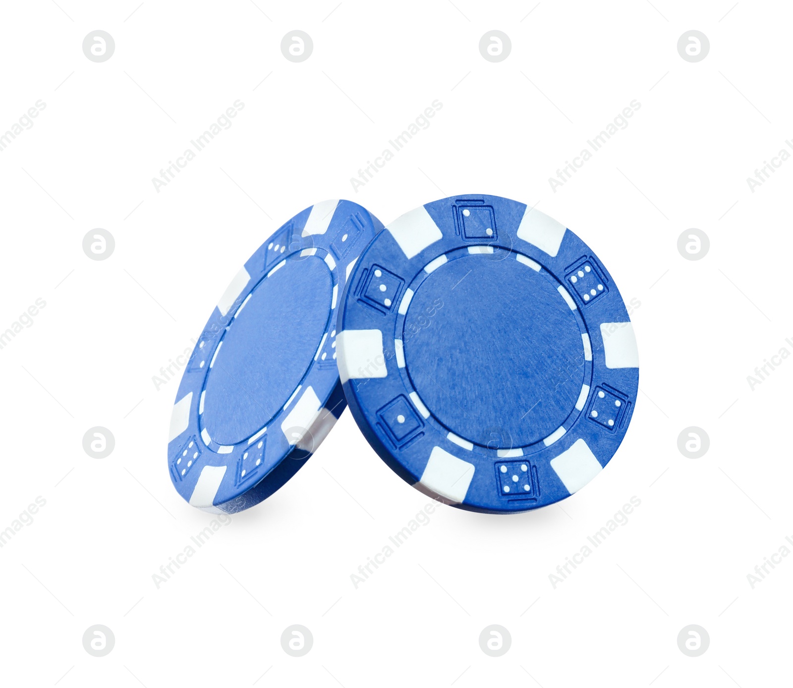 Image of Blue casino chips on white background. Poker game