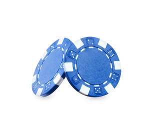 Image of Blue casino chips on white background. Poker game